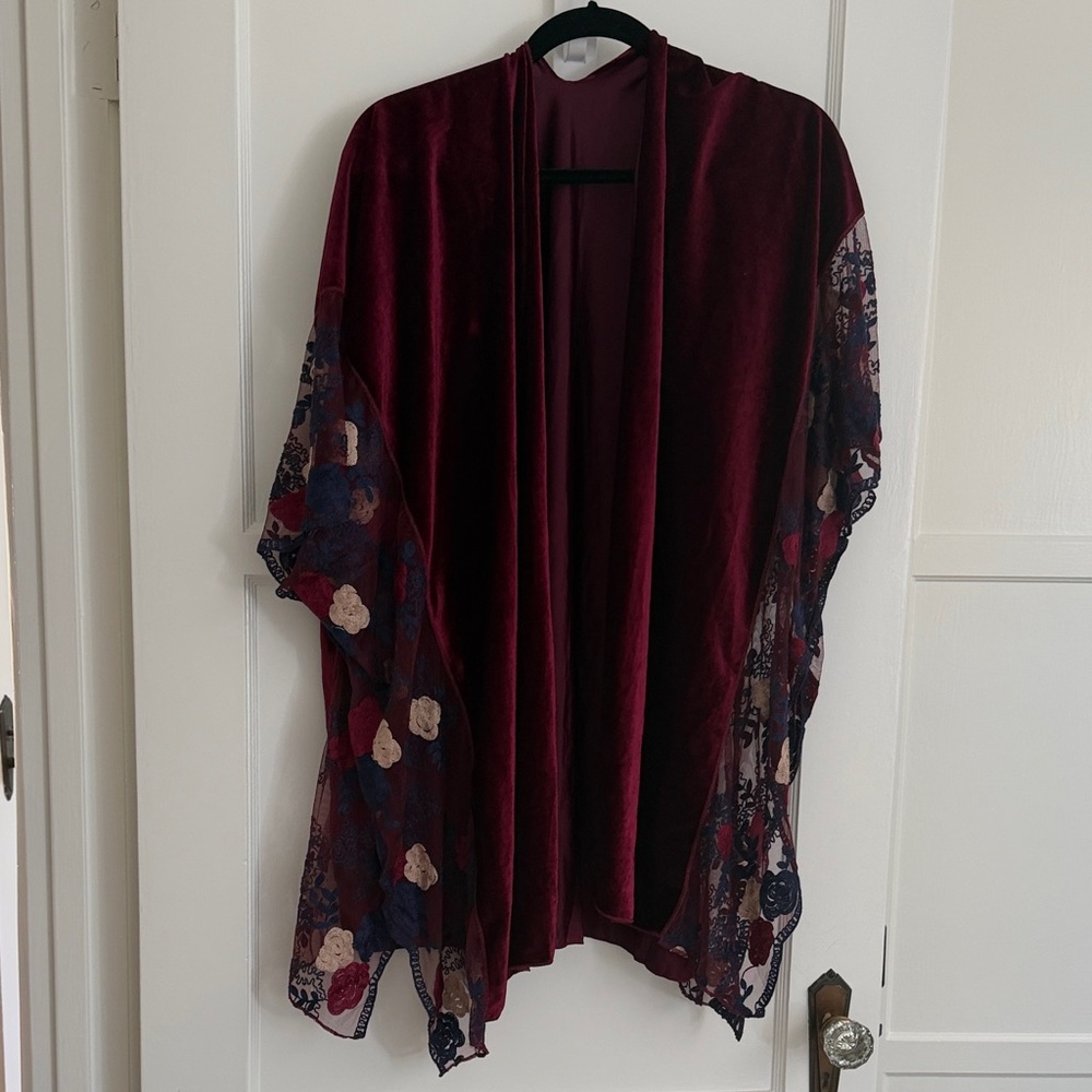 Burgundy Velvet Kimono/Shawl with Floral Lace